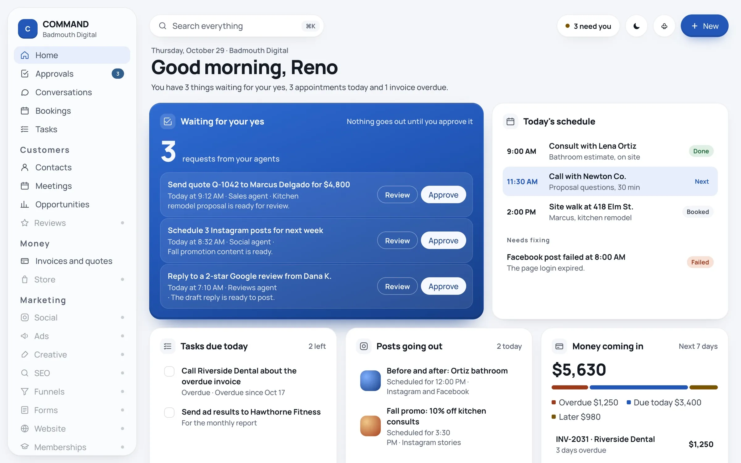 COMMAND home screen with agent approvals, the day's schedule, tasks due, scheduled posts and incoming money