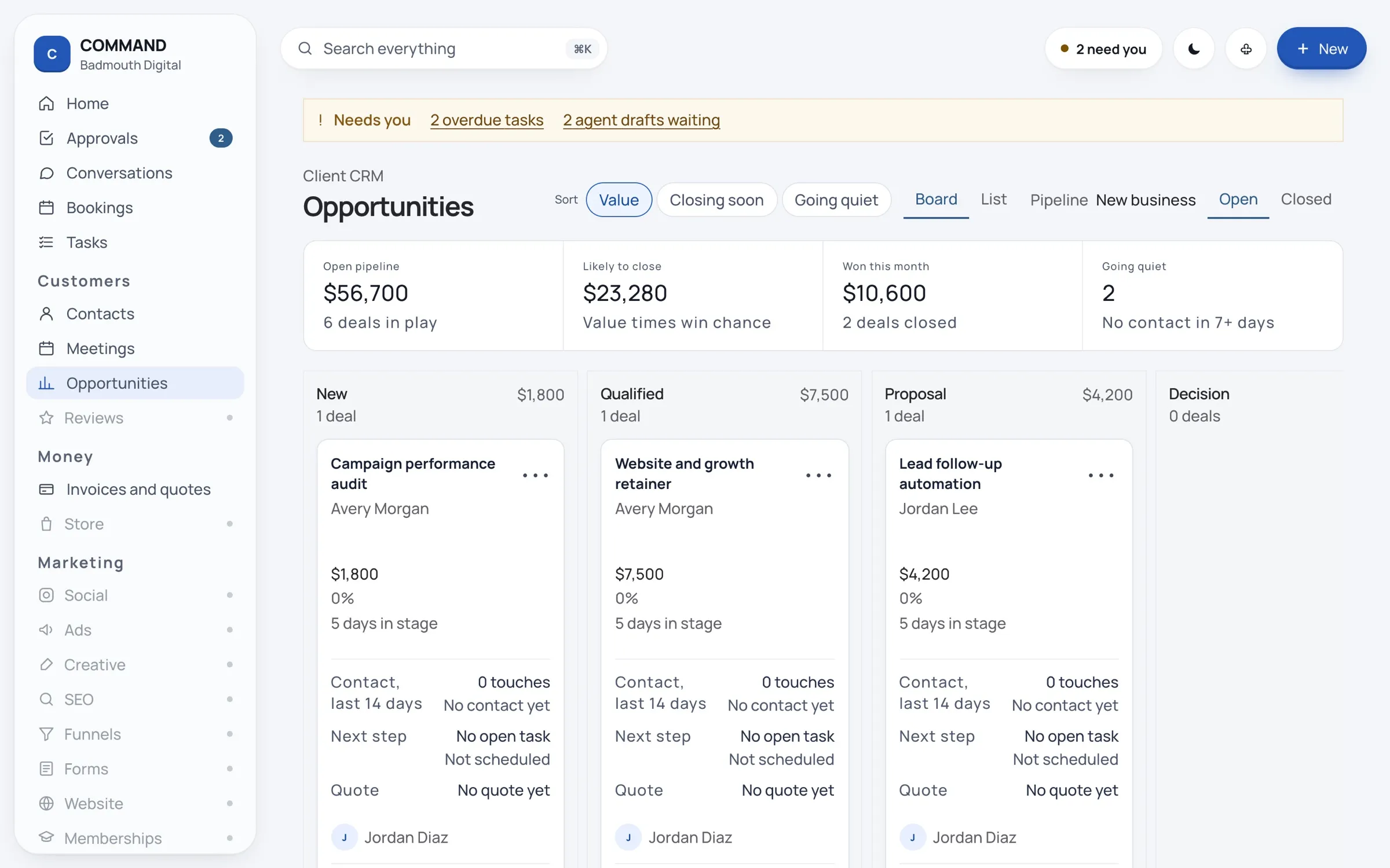 Opportunities board with deals in columns by stage, each showing value, last contact, next step and quote status