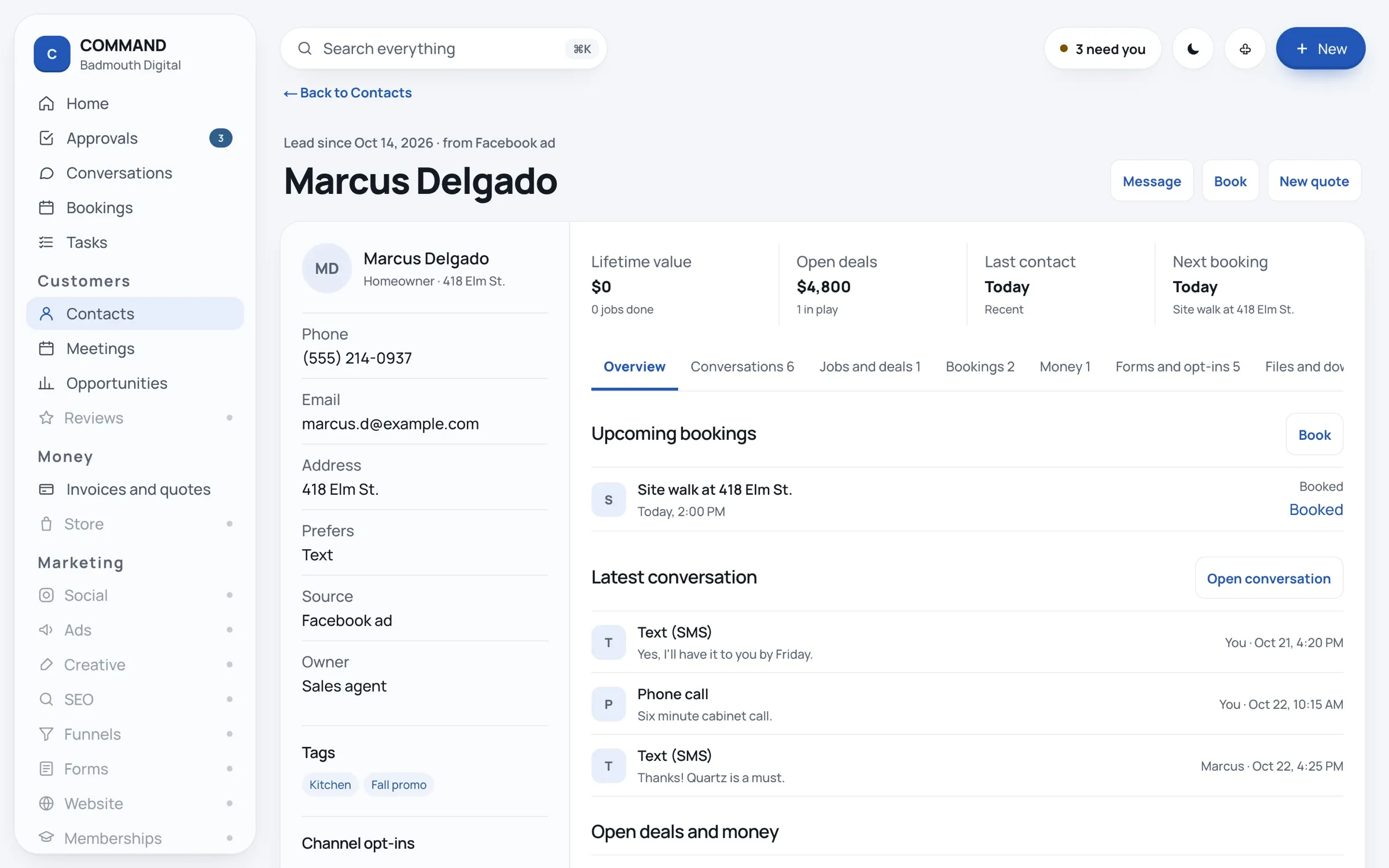 Contact record with details, tags and consent on one side and bookings, conversations and deals in tabs on the other