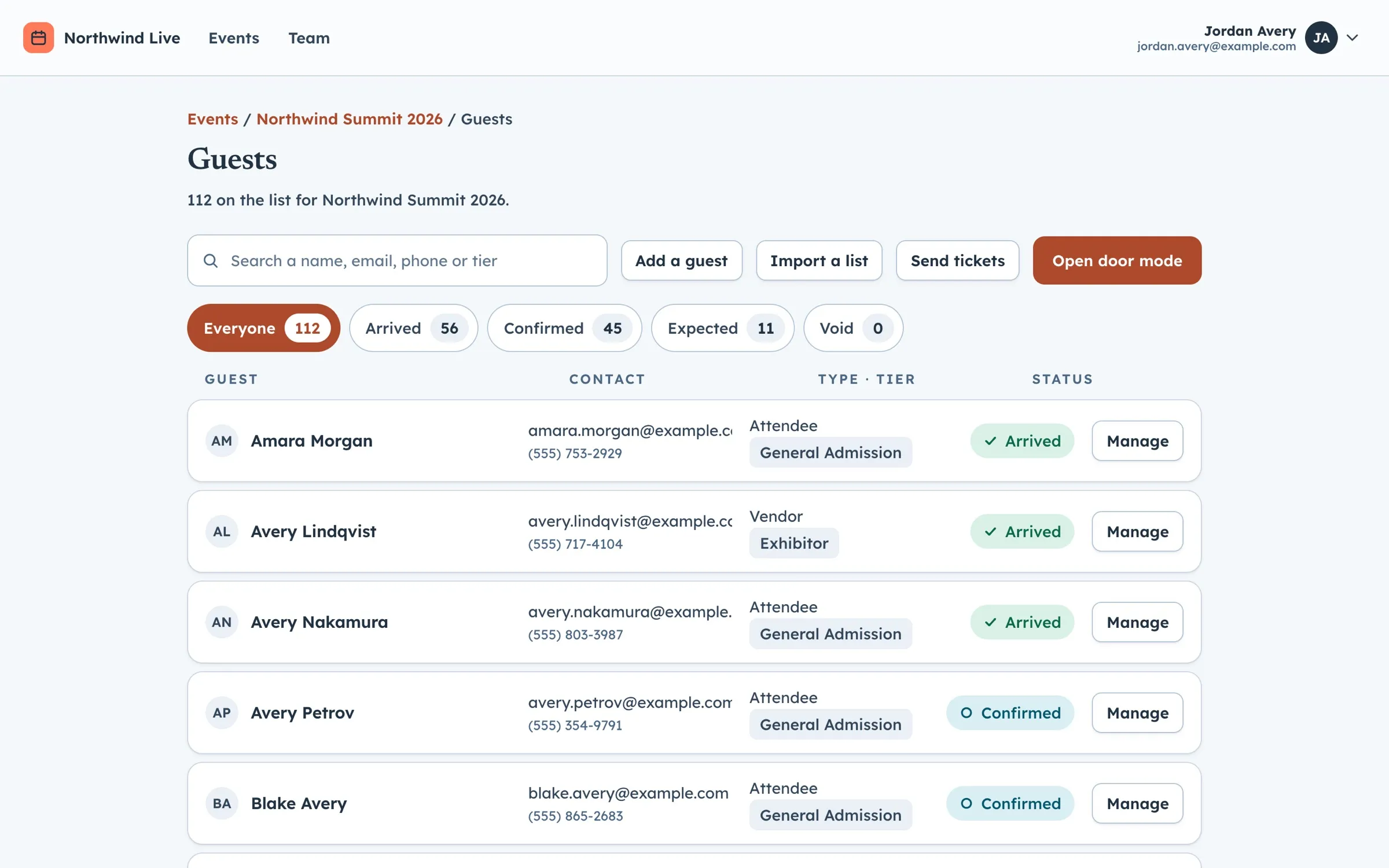 Guest list with search, status filters, add and import buttons, and each guest's type and tier