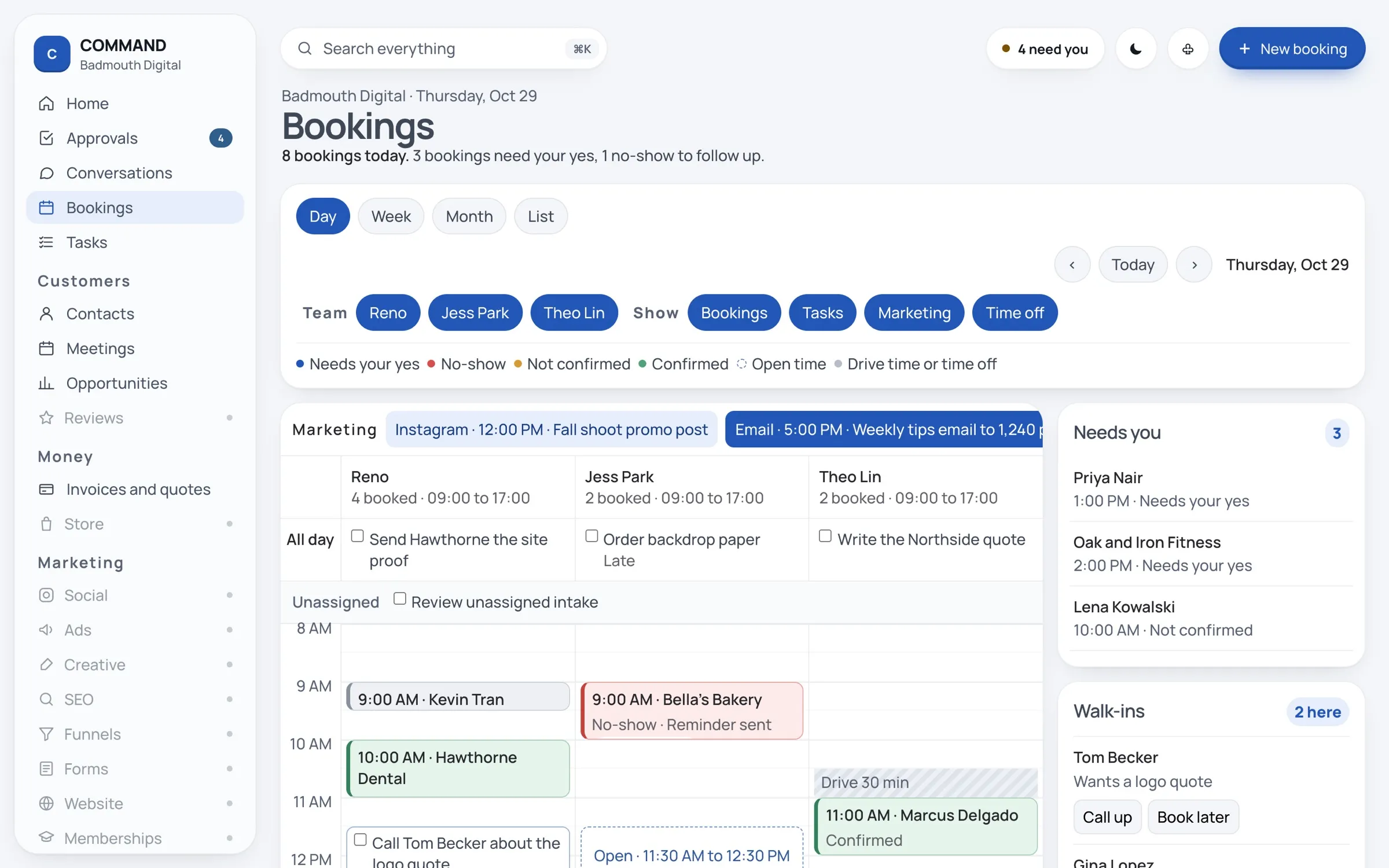 Bookings calendar showing each team member's day side by side