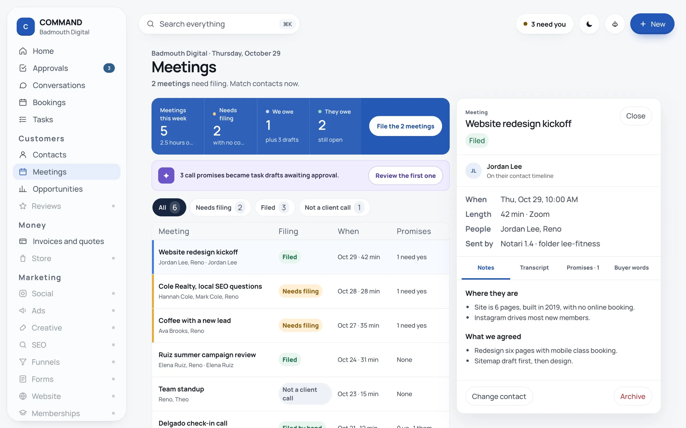 Meetings screen with recorded calls filed to contacts and promises from the call turned into tasks
