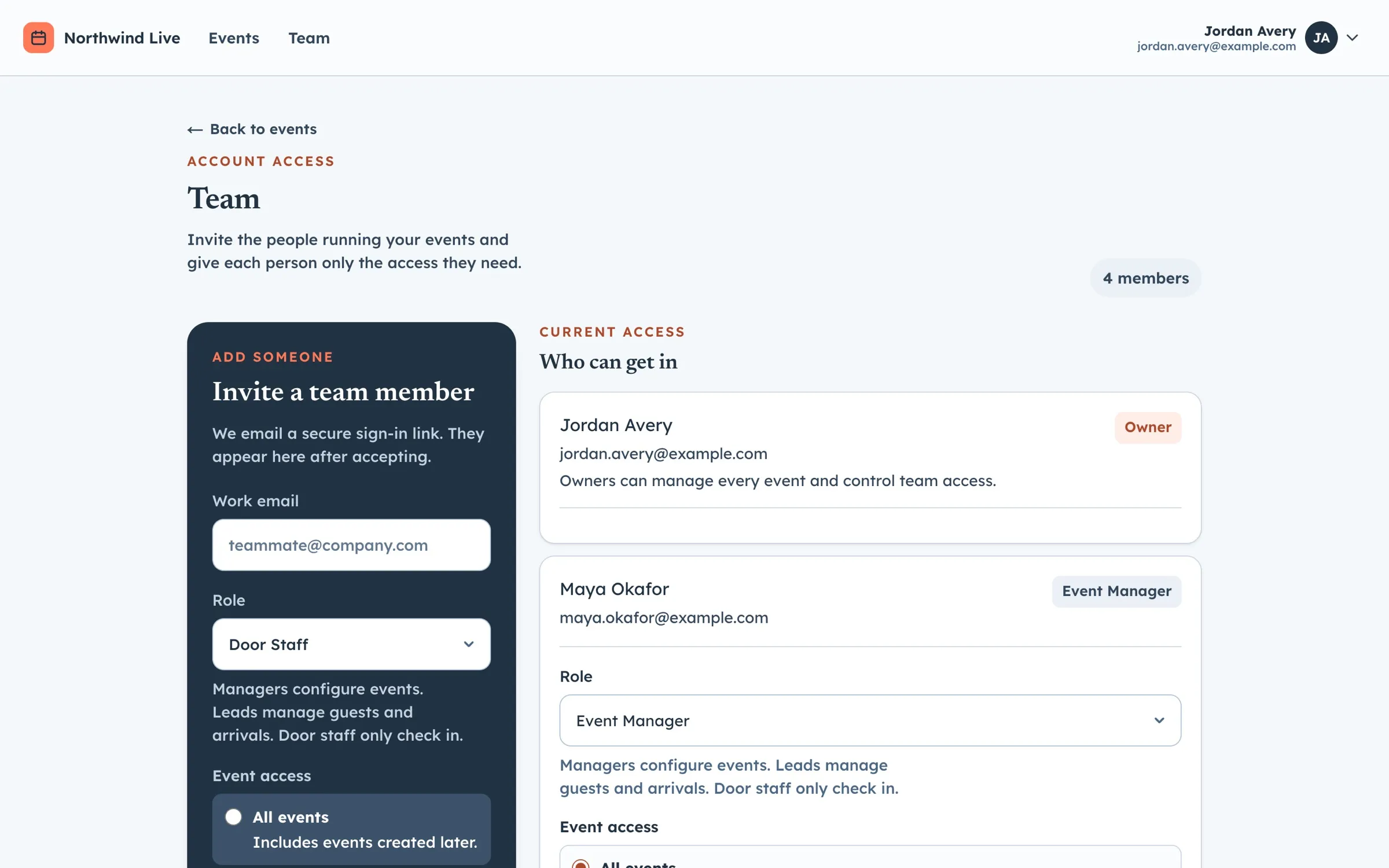 Team screen for inviting staff and setting each person's role and events