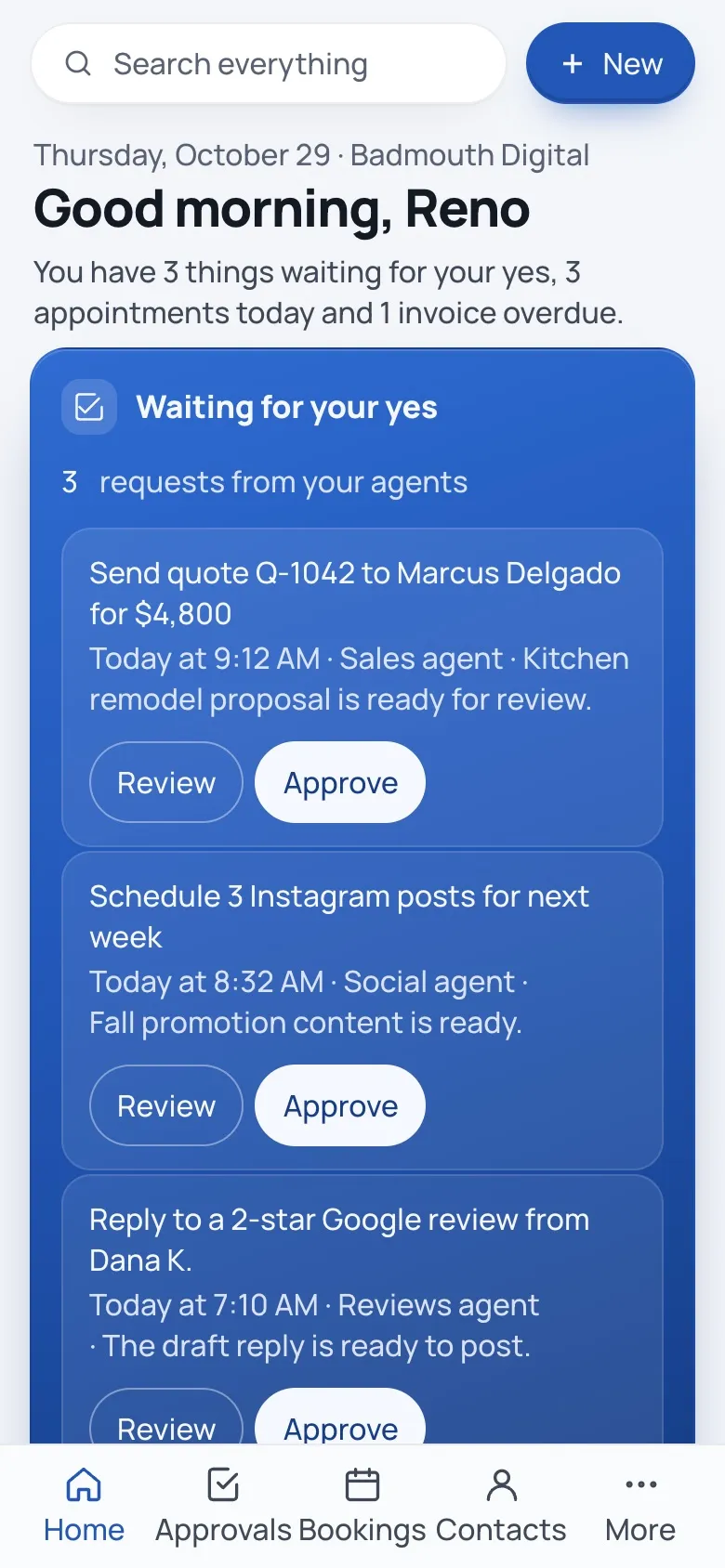 COMMAND home screen on a phone, with approvals first and a tab bar at the bottom