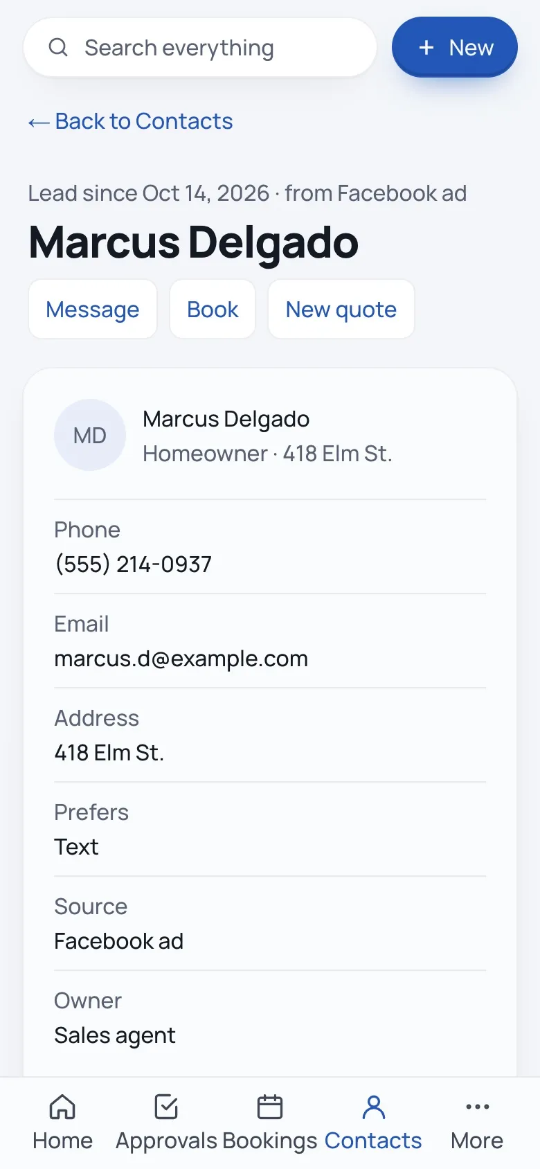 Contact record on a phone with quick actions to message, book or quote