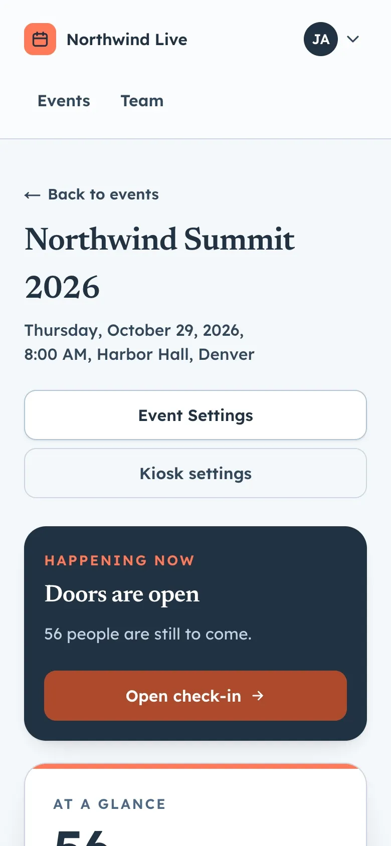 Event overview on a phone with a direct button into check-in