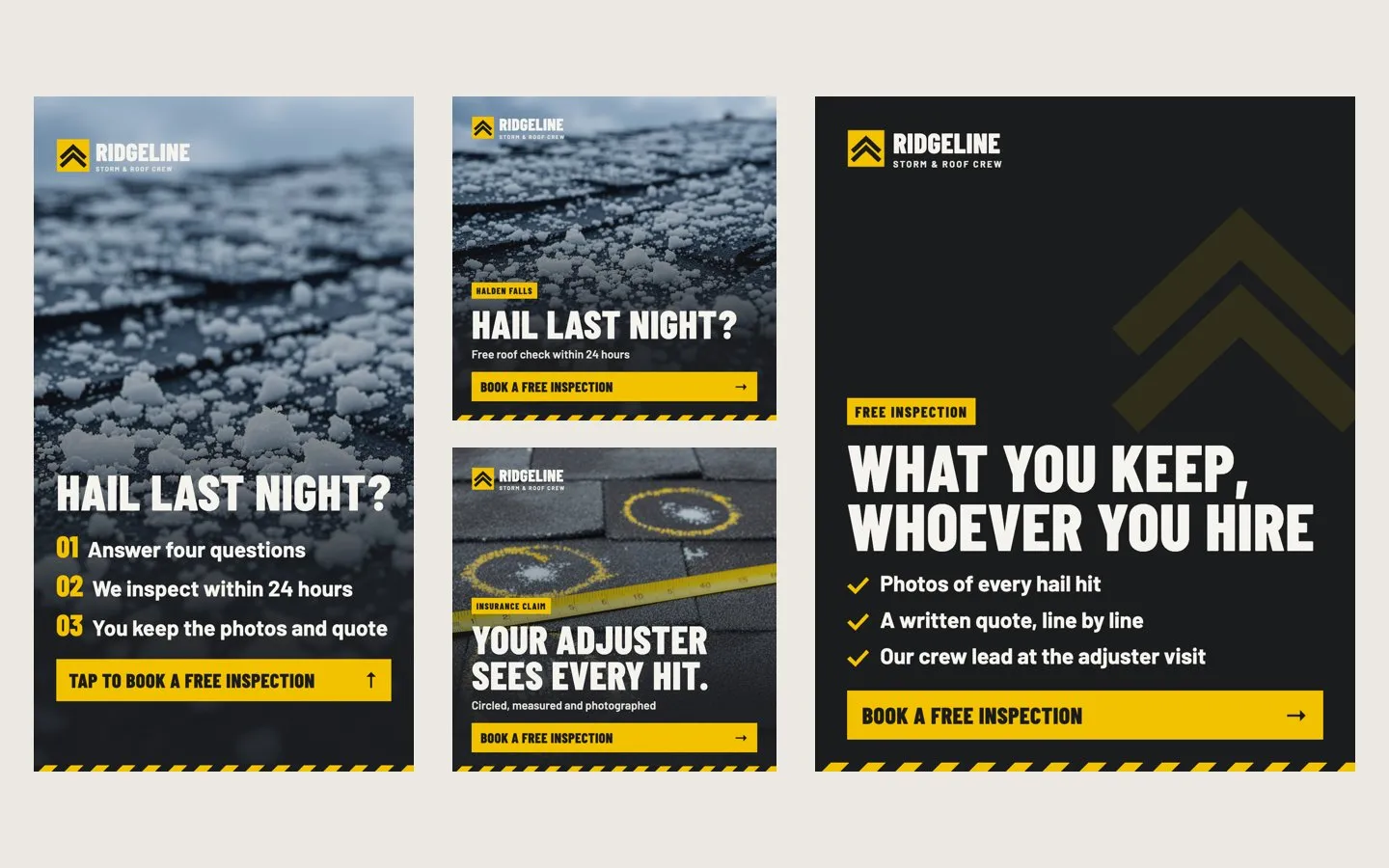 Four Ridgeline Roofing ads: a story, two square feed ads and a tall feed ad, all in hazard yellow on dark