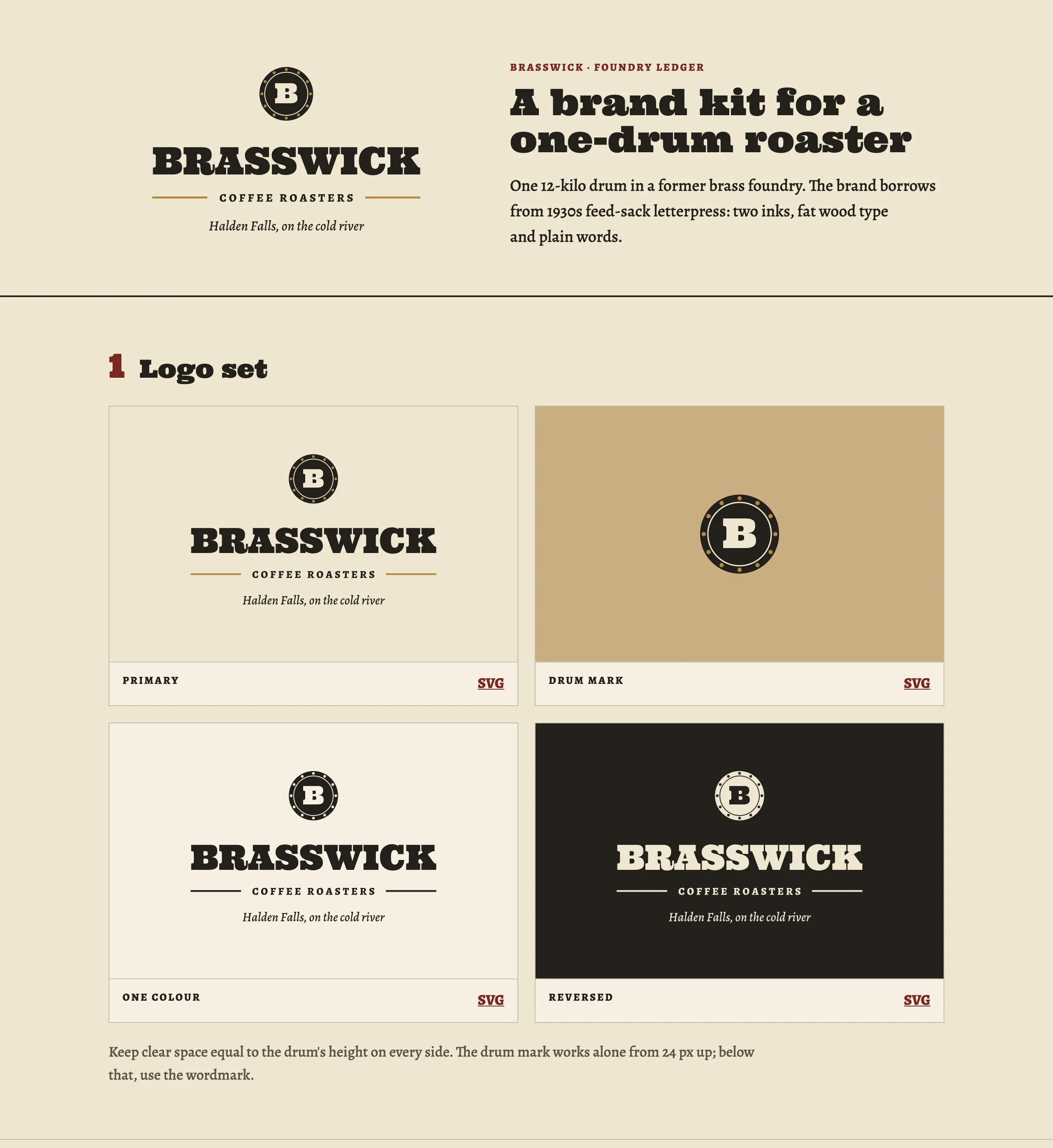 Brasswick brand sheet: the primary logo, drum mark, one colour and reversed versions