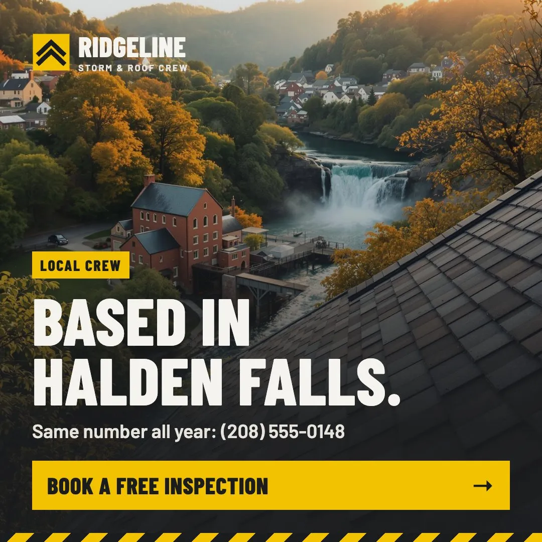 Square feed ad: the view over Halden Falls from a roof, headline Based in Halden Falls.