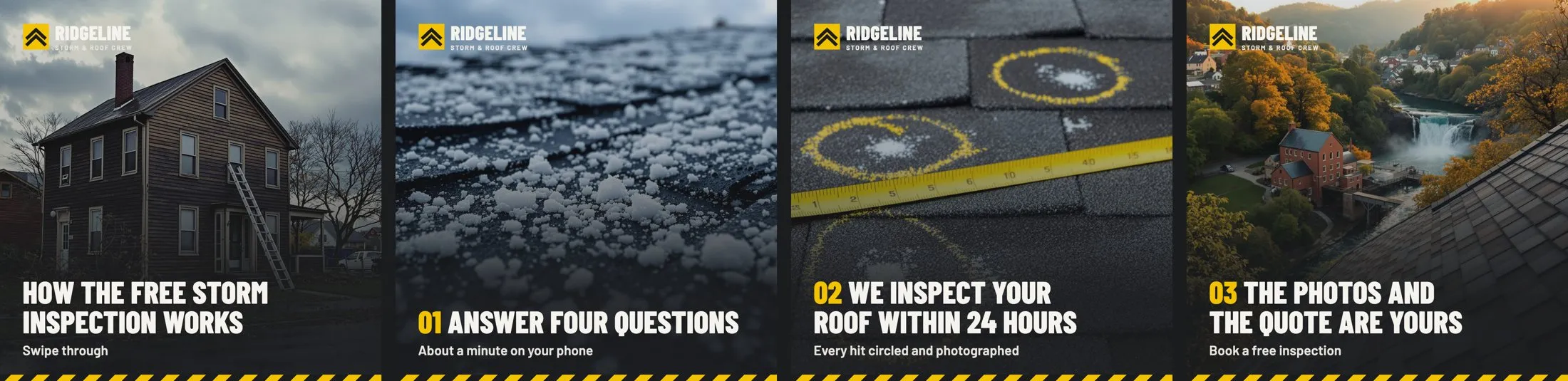Four carousel cards explaining the free inspection: how it works, answer four questions, we inspect within 24 hours, the photos and quote are yours