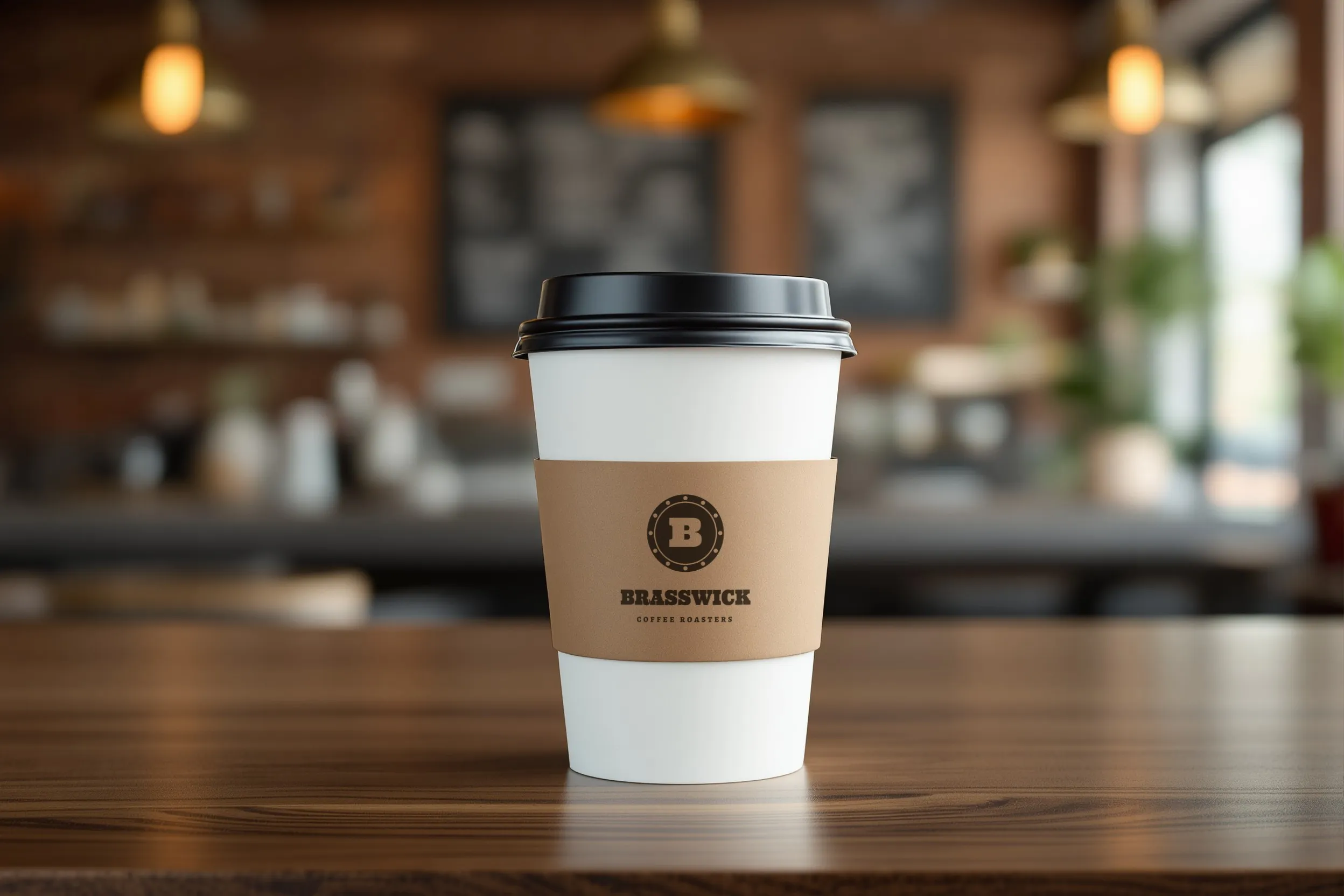 Takeaway cup with a kraft sleeve printed with the Brasswick drum mark