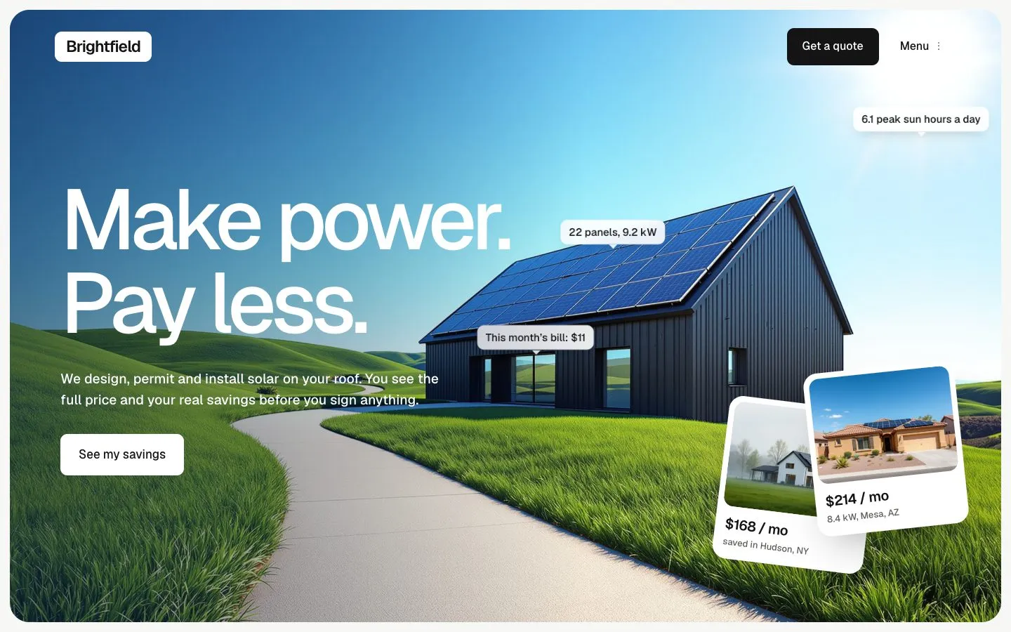 Brightfield Solar home page on desktop, a hero with a solar roof and a call to get a quote