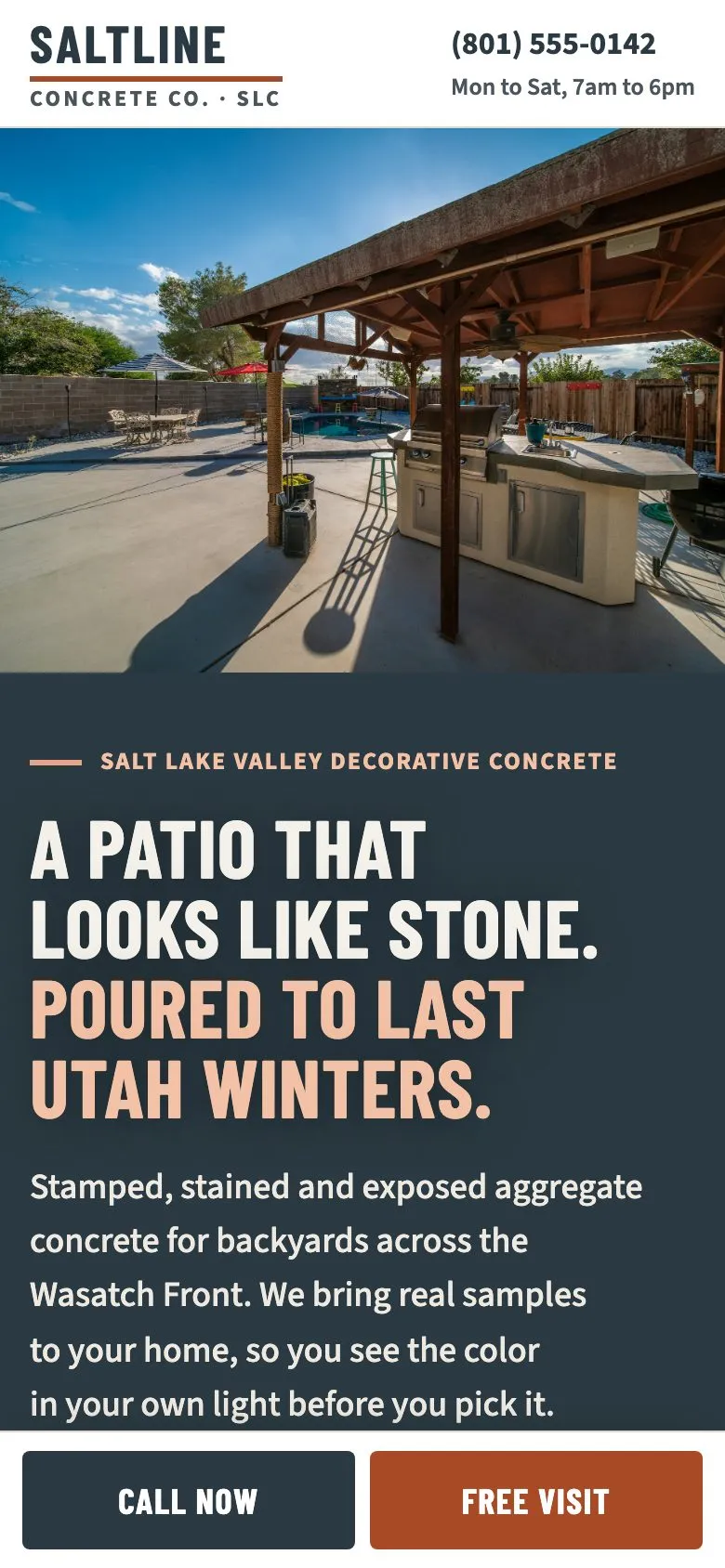 The Saltline landing page on a phone, the patio photo above the headline with Call now and Free visit buttons pinned at the bottom