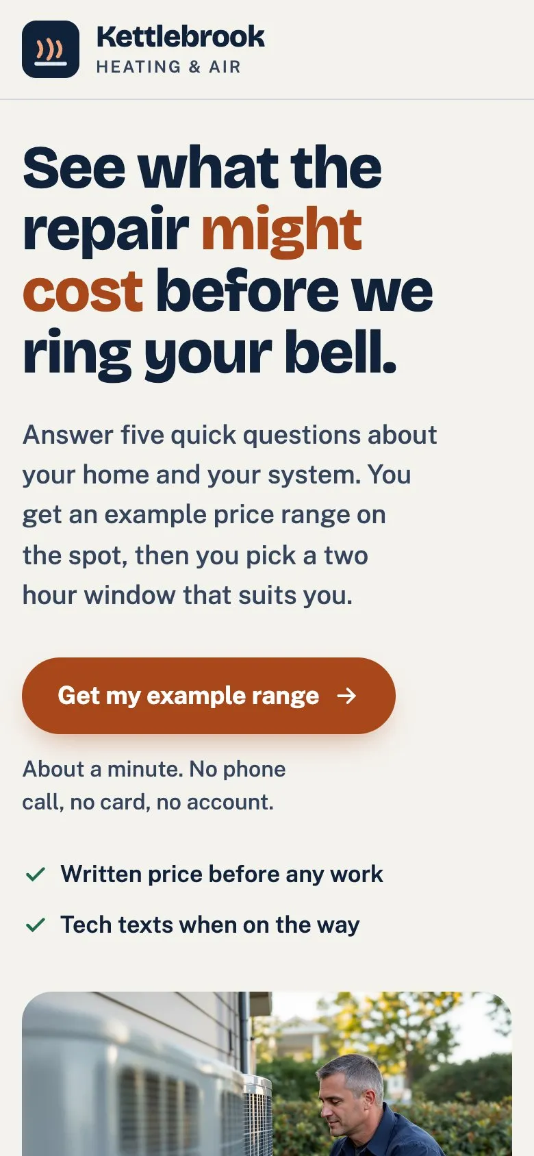Kettlebrook landing page on a phone, with the headline and a Get my example range button