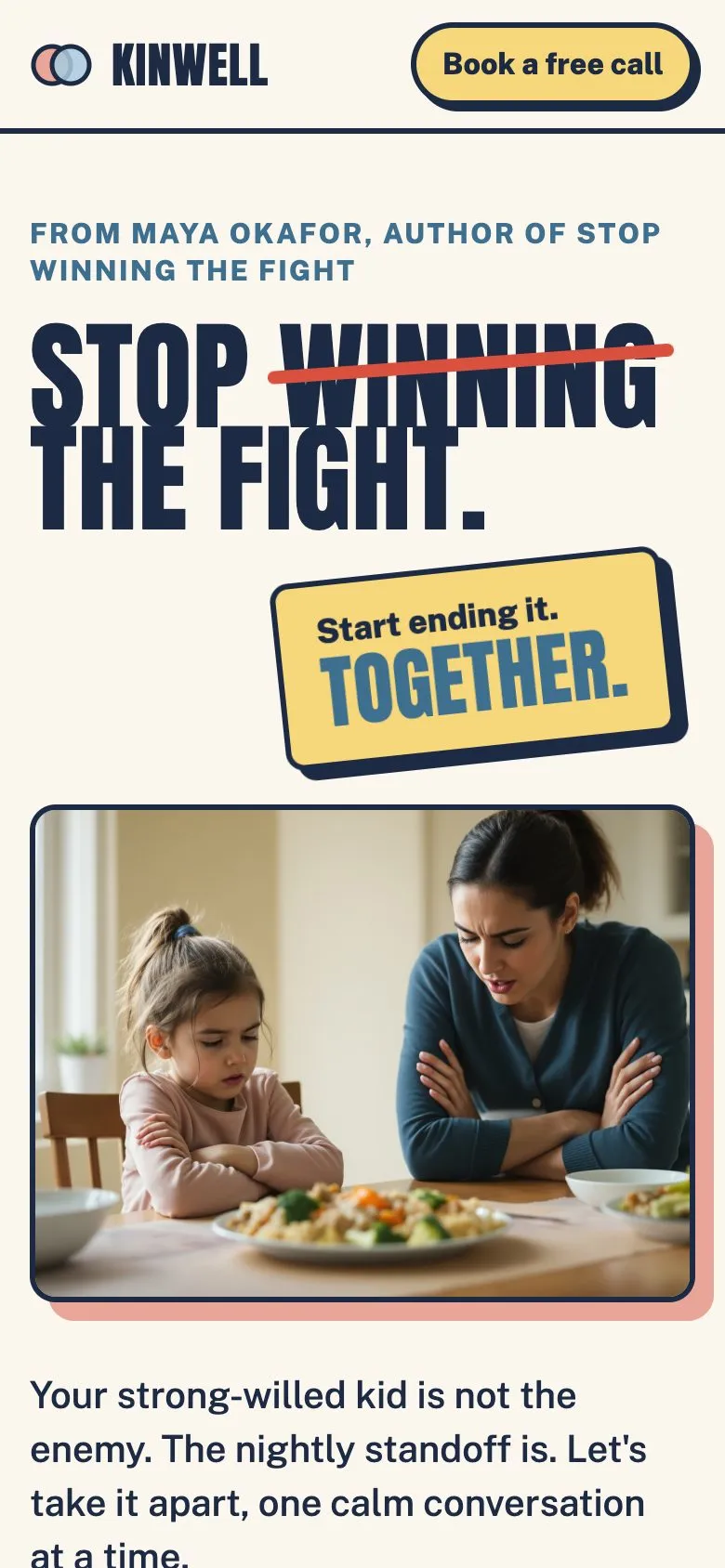 Kinwell Parenting home page on a phone, the headline above a photo of a mother and daughter at the dinner table