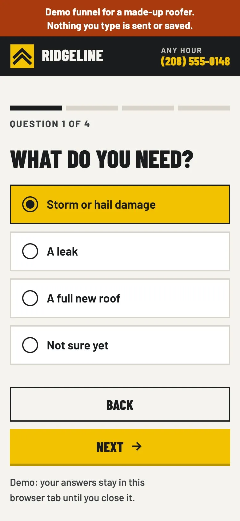 The Ridgeline quiz on a phone, question one with Storm or hail damage selected