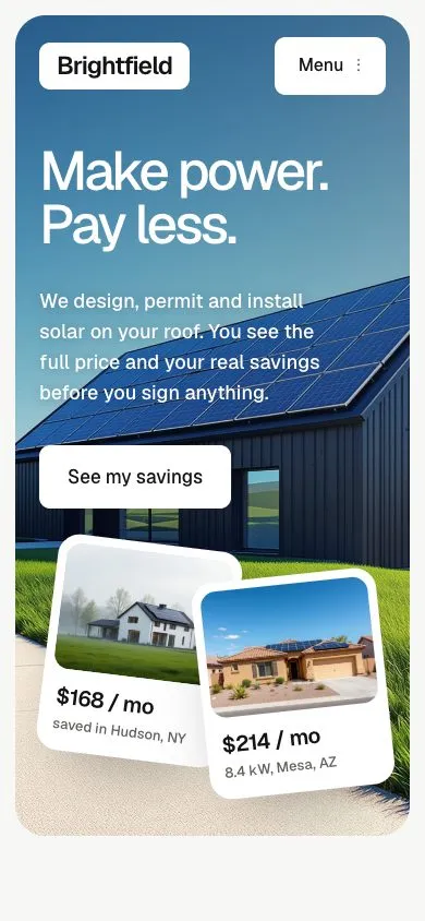 Brightfield Solar home page on a phone