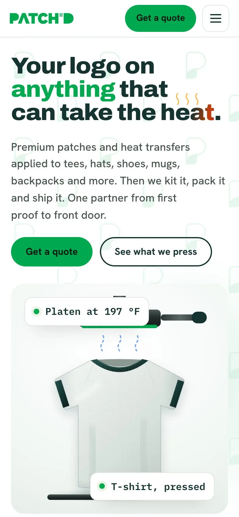 Patch'd home page on a phone, with Get a quote and See what we press buttons under the headline