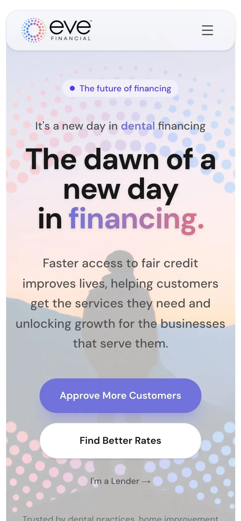 Eve Financial home page on a phone, with the headline and buttons for businesses and customers