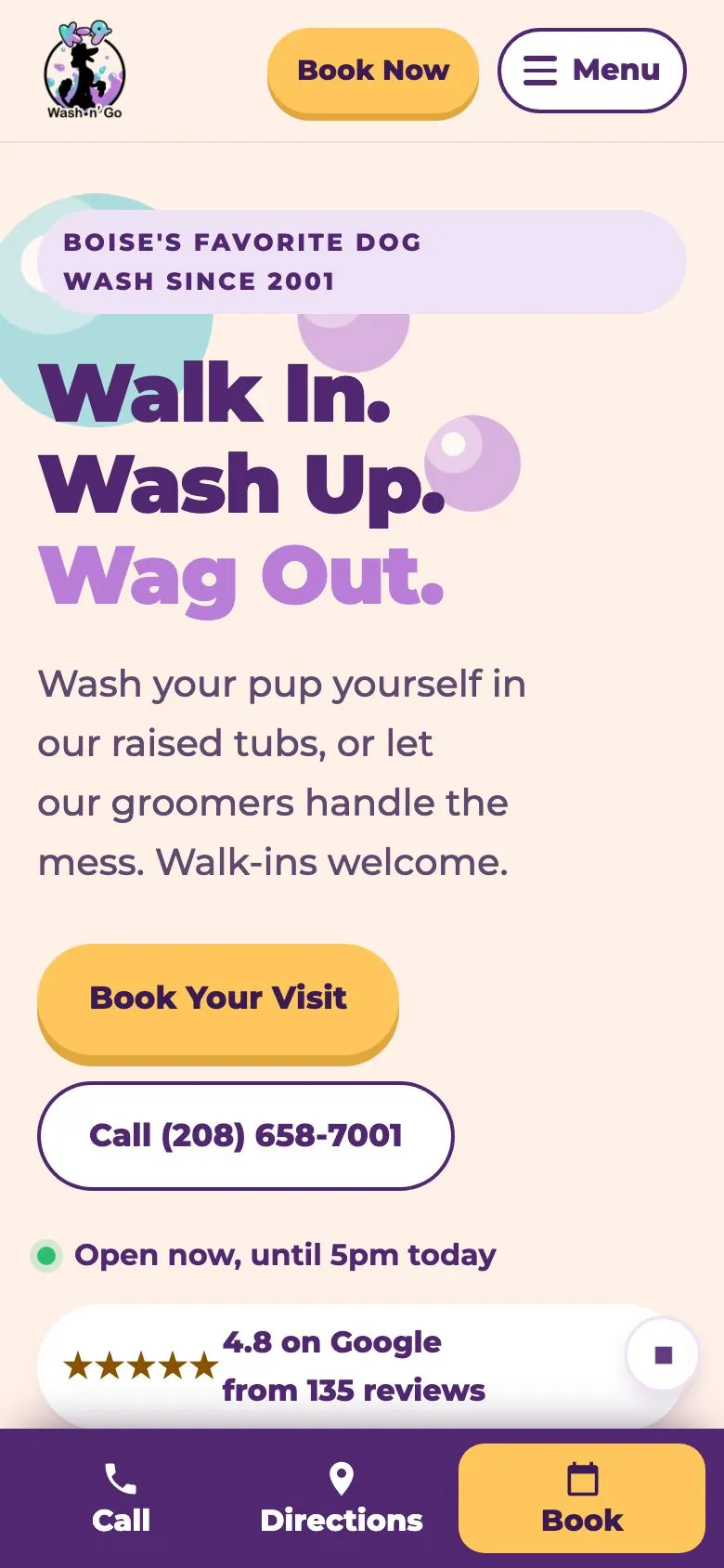 K-9 Wash-N-Go home page on a phone, with Book Your Visit and Call buttons under the headline