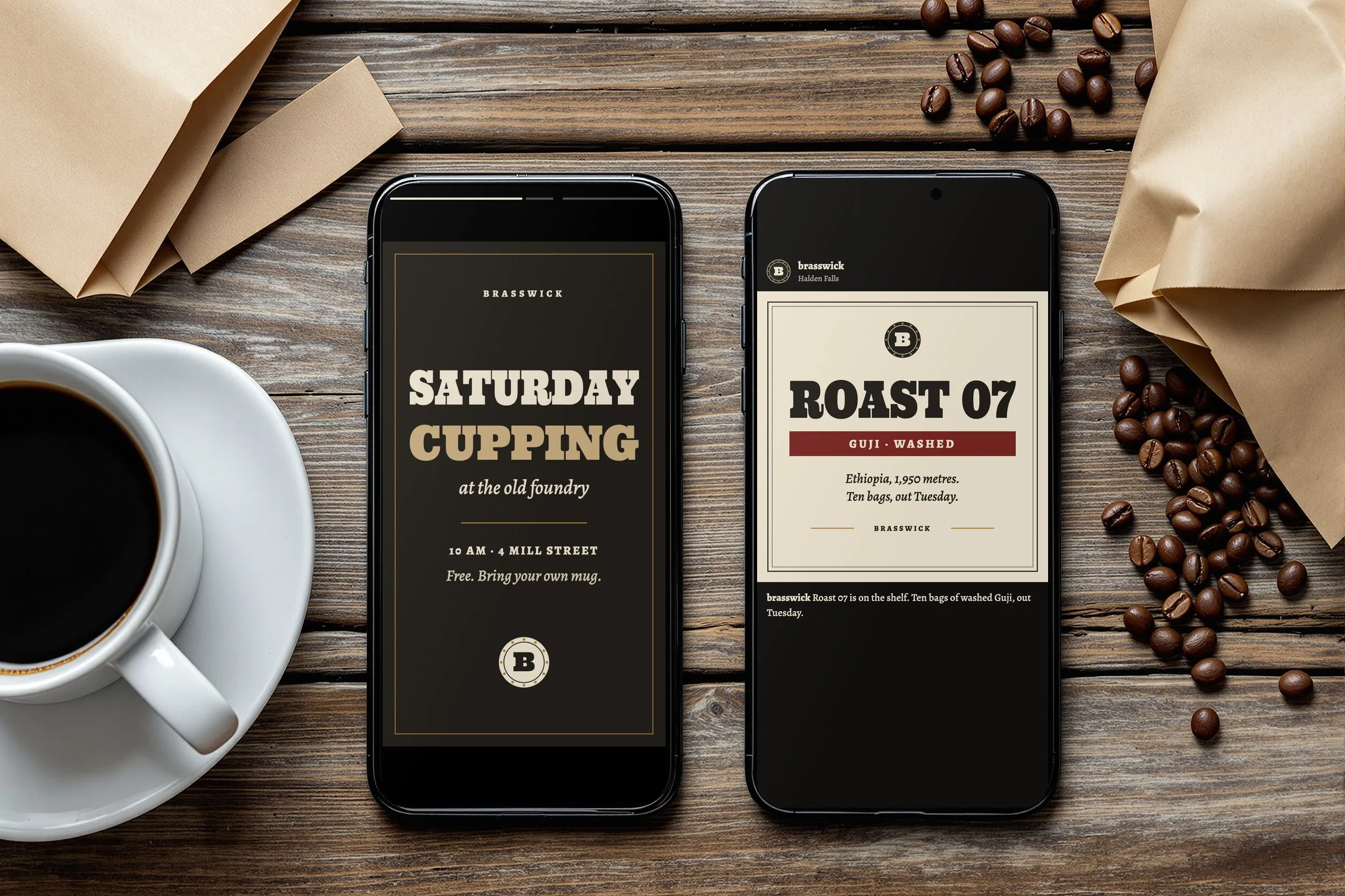 Two phones showing the Saturday cupping story and the Roast 07 feed post