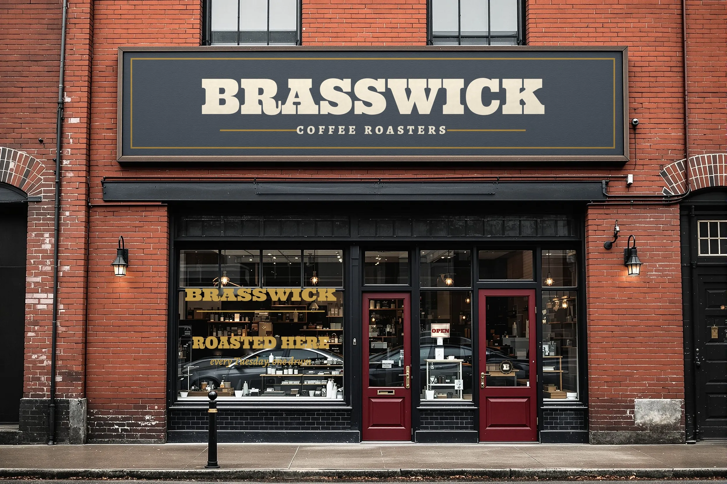 Red brick shopfront with a black fascia reading Brasswick Coffee Roasters and gold window lettering