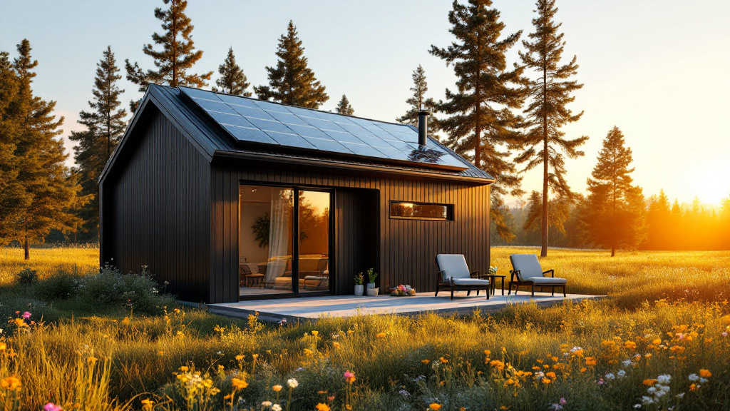 Black cabin with a solar roof in a wildflower meadow at sunset