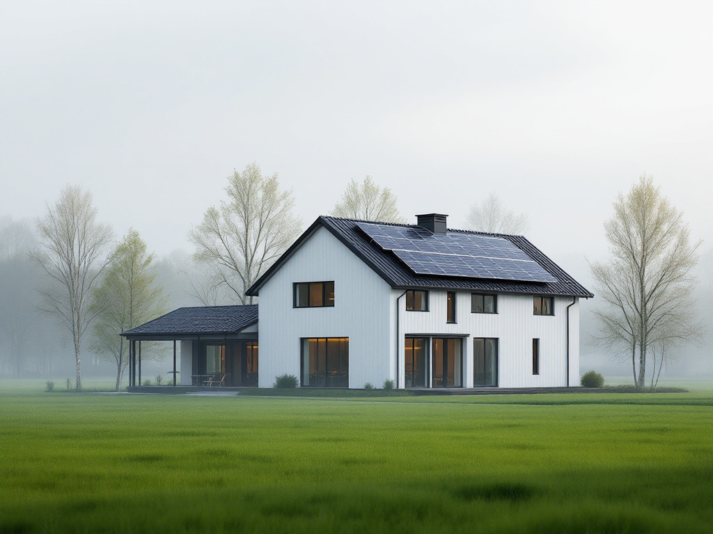 White farmhouse with roof solar in a misty field