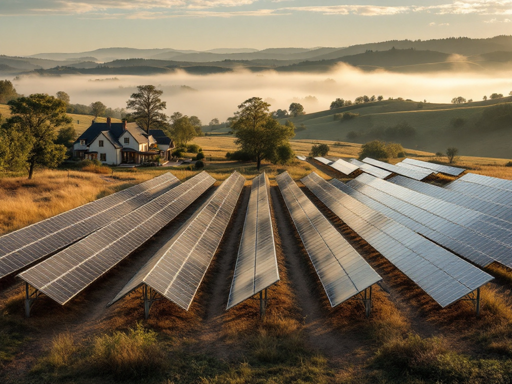 Ground mounted solar rows beside a country home
