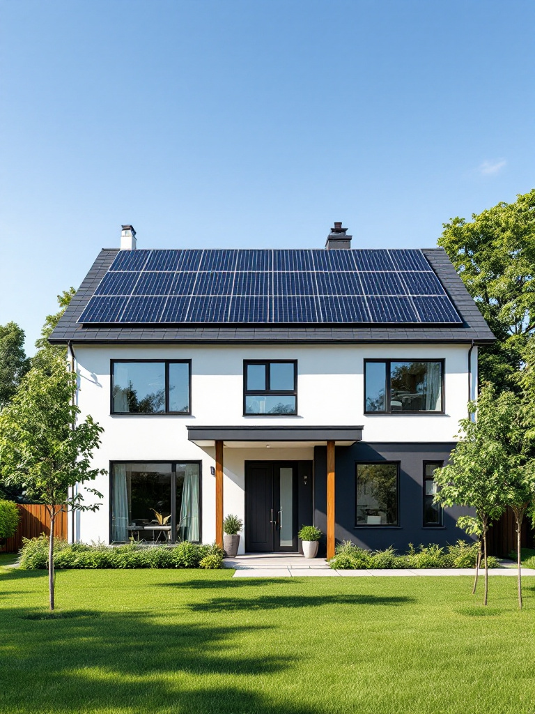 Modern home with black solar panels on the roof under a bright blue sky