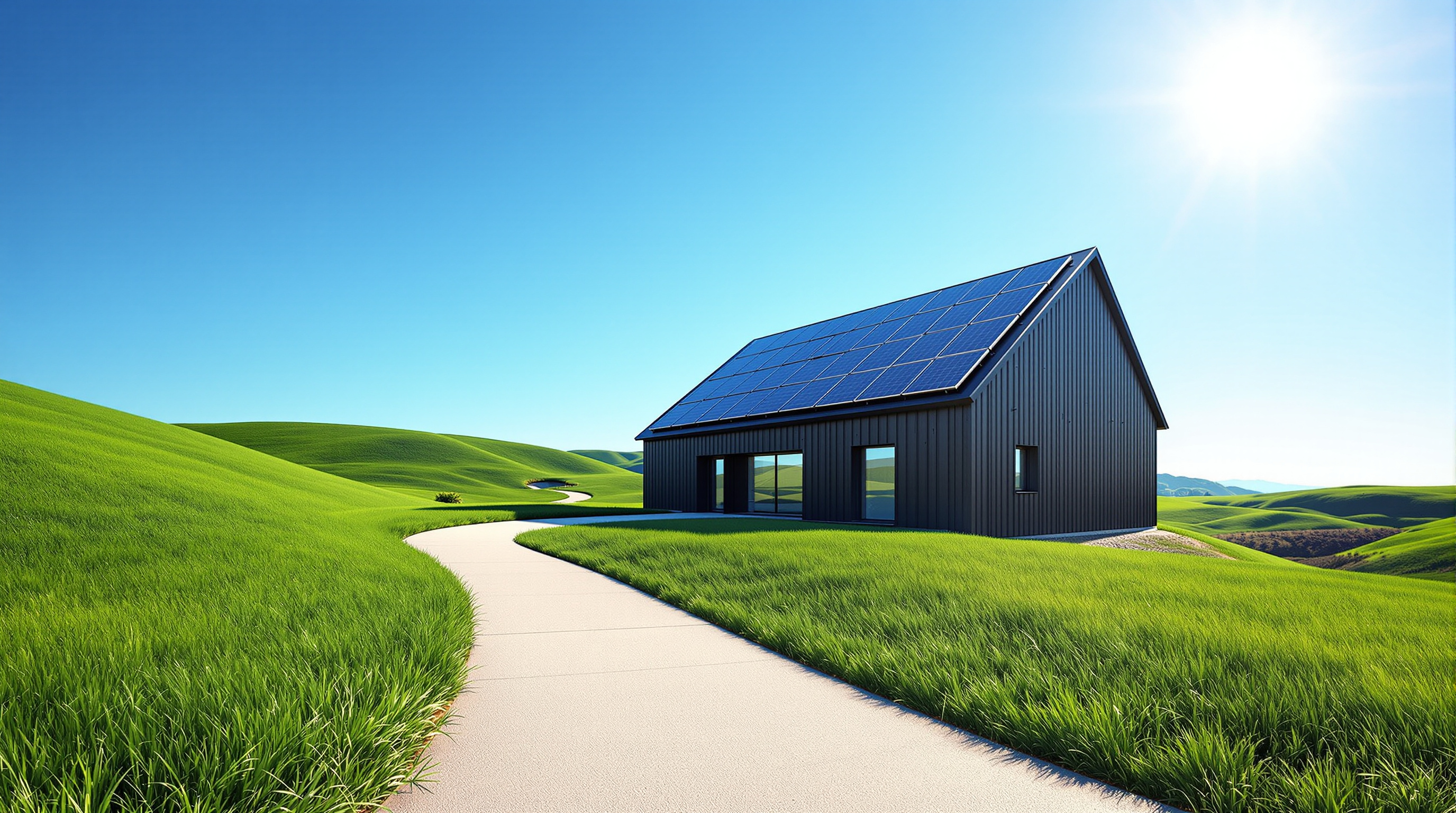 A modern black home with a solar roof on green hills under a sunny blue sky
