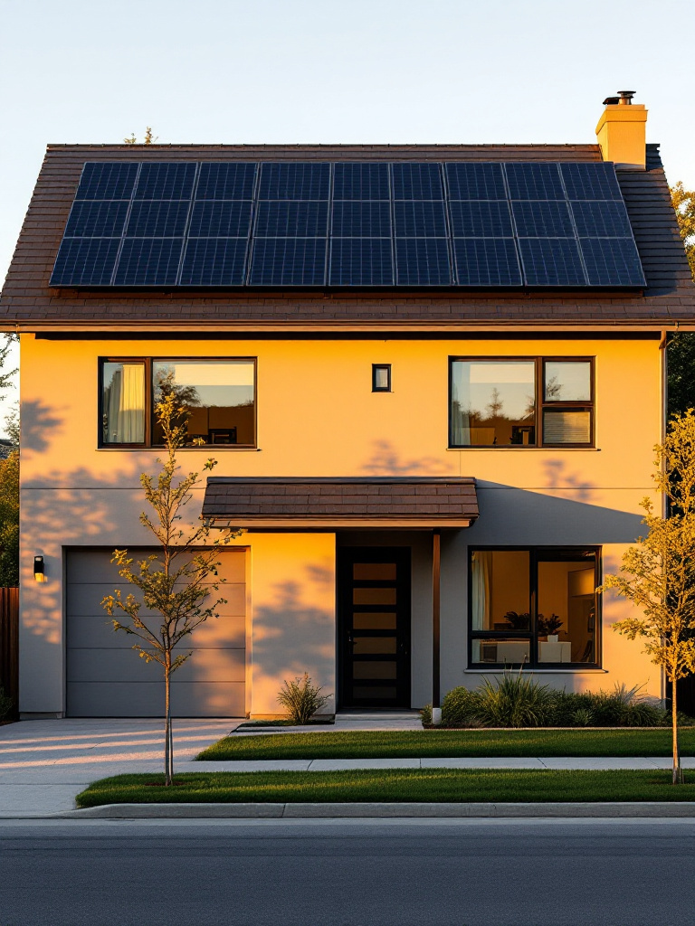 Two-story modern home with black solar panels at golden hour
