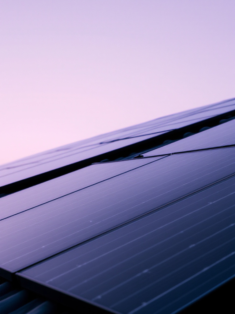 Close view of black solar panels at dusk