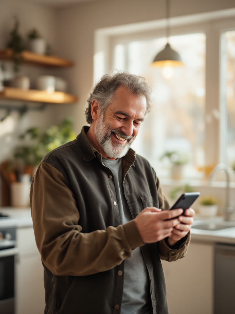 Homeowner smiling at a phone in a bright kitchen