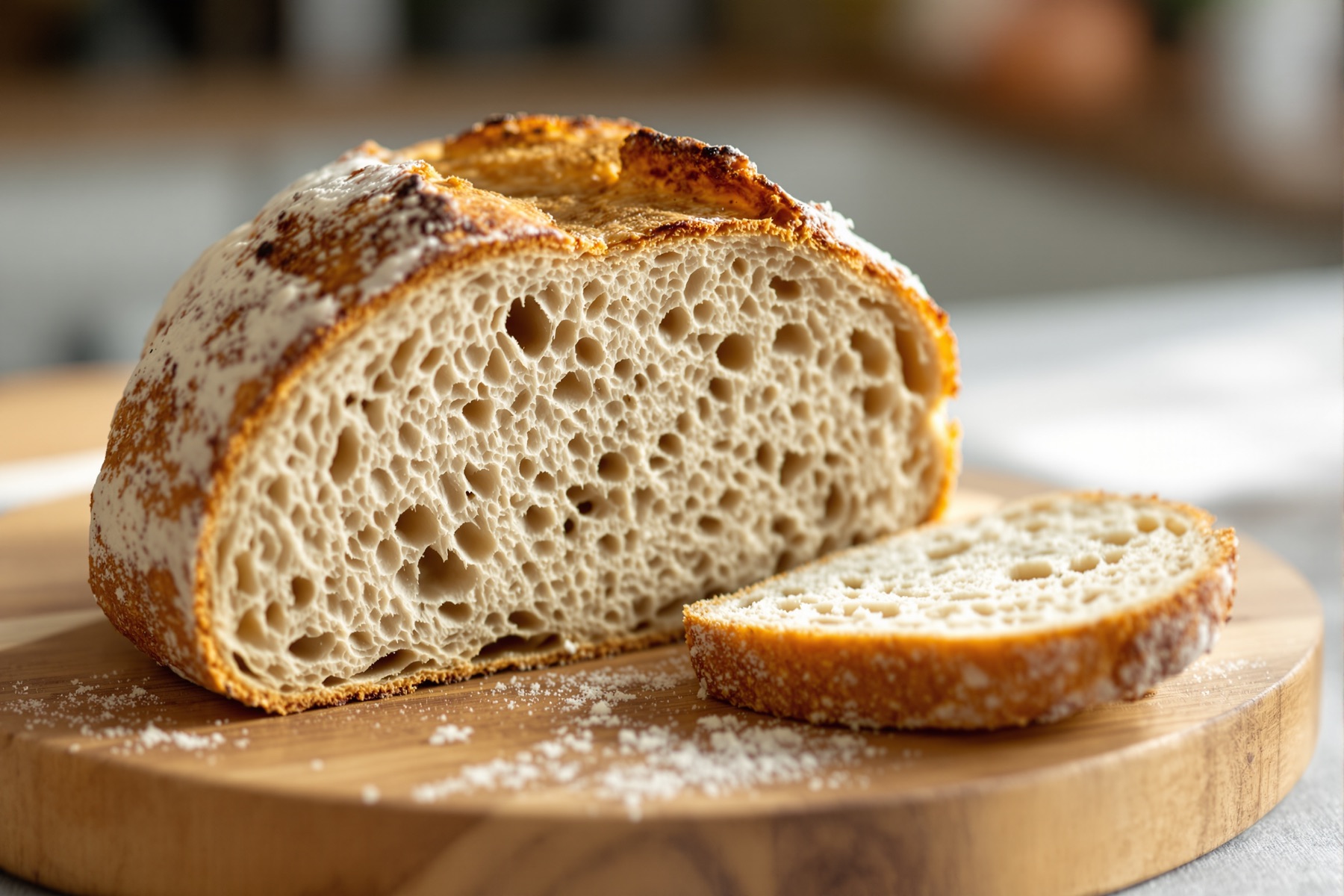 A sourdough loaf cut open to show an open, airy crumb.
