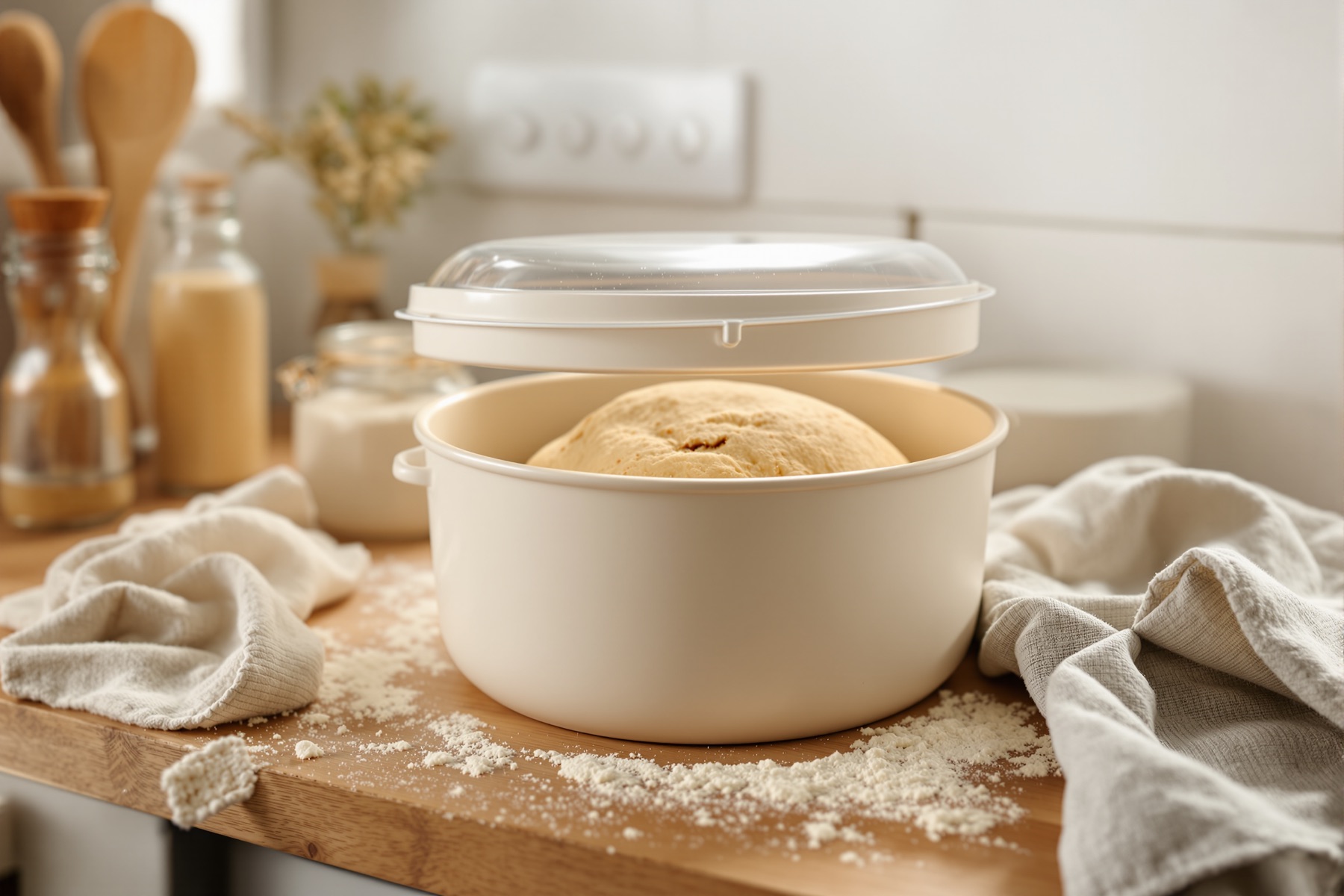 The Crumbwell Proofer on a wooden counter, a bowl of risen dough inside its clear lid.