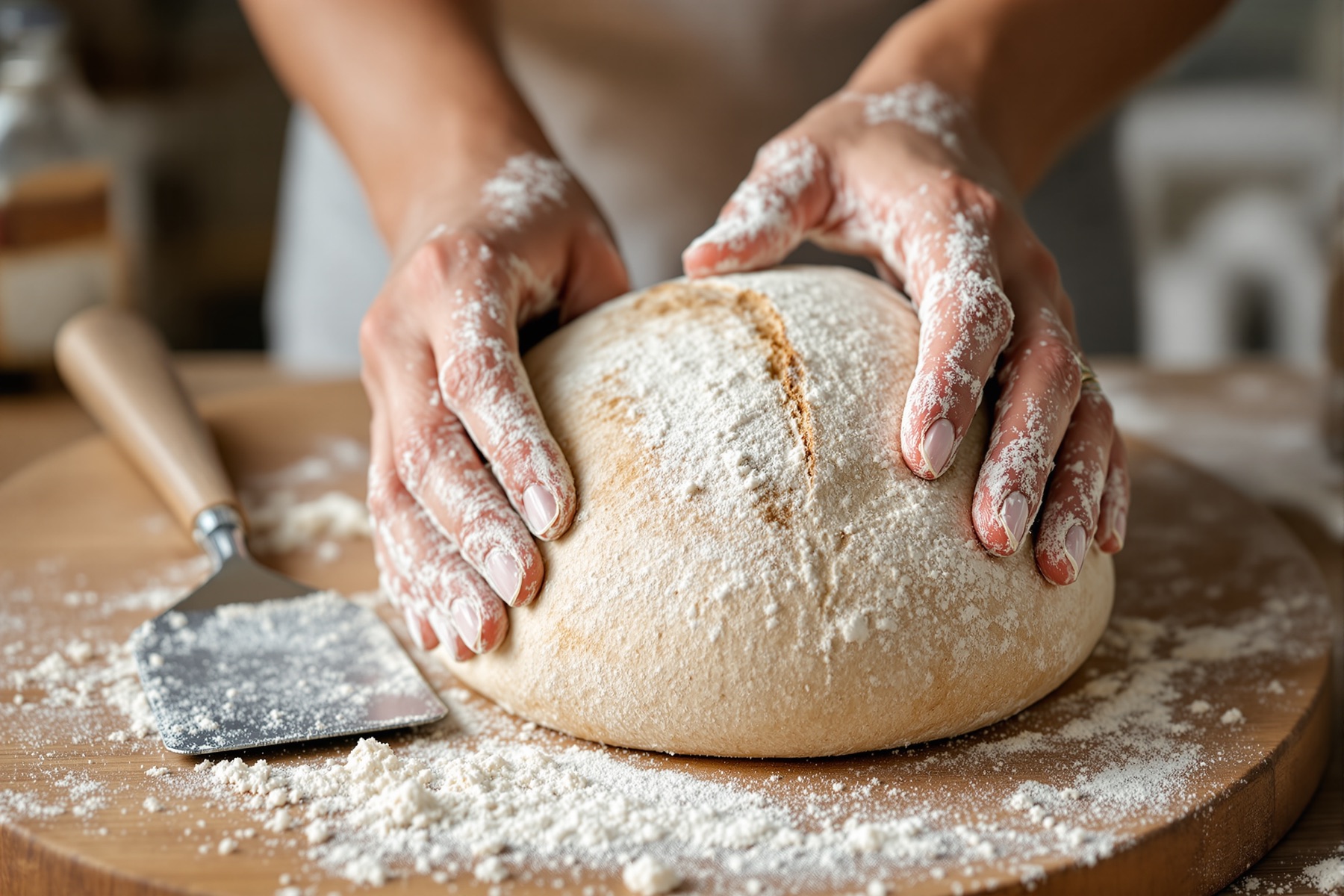 Floured hands shaping a round of dough on a wooden board, a bench scraper beside it.