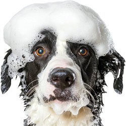 Border collie with a bubble hat