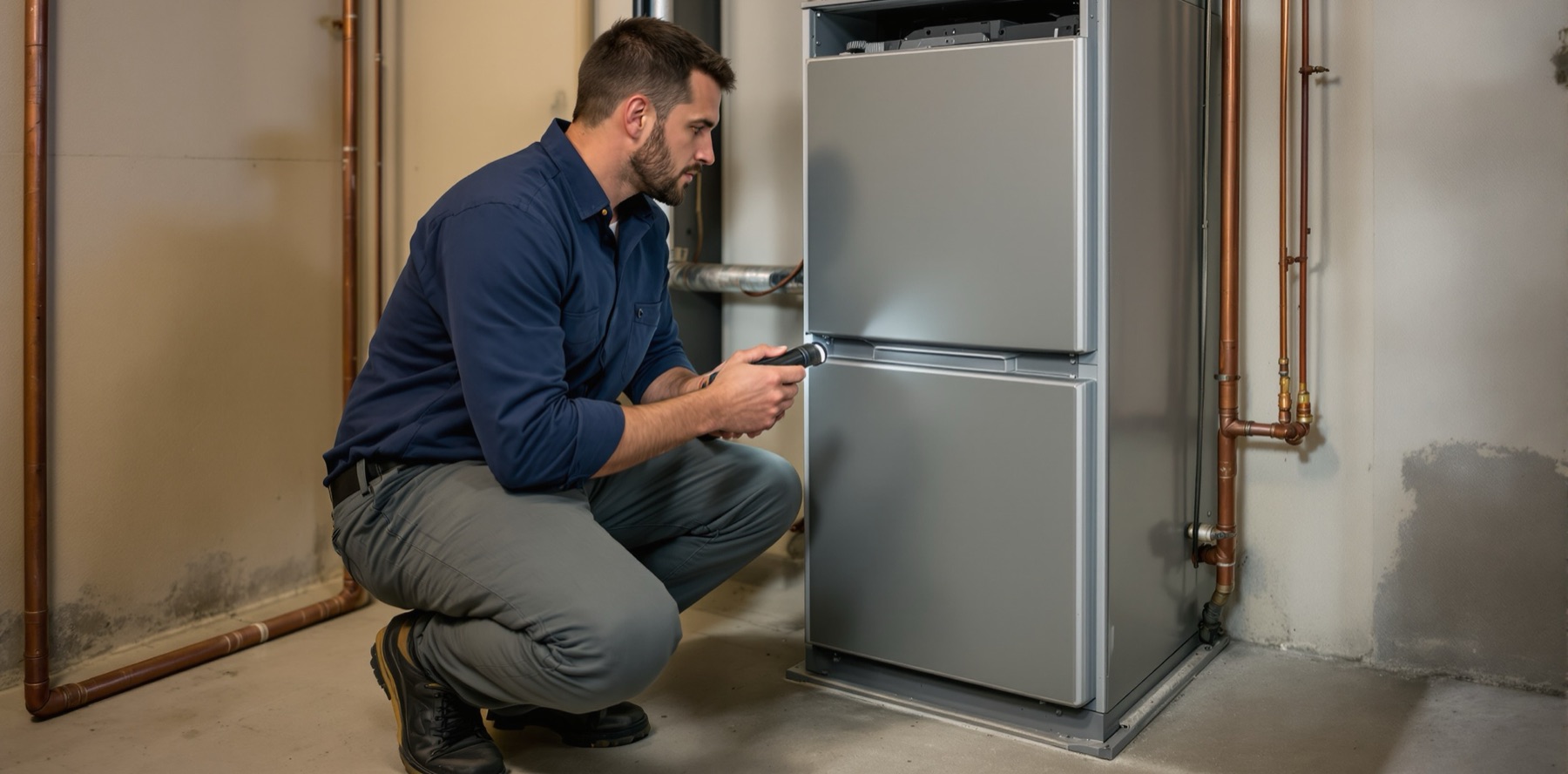 A technician crouches by an open furnace in a basement, checking it with a flashlight.