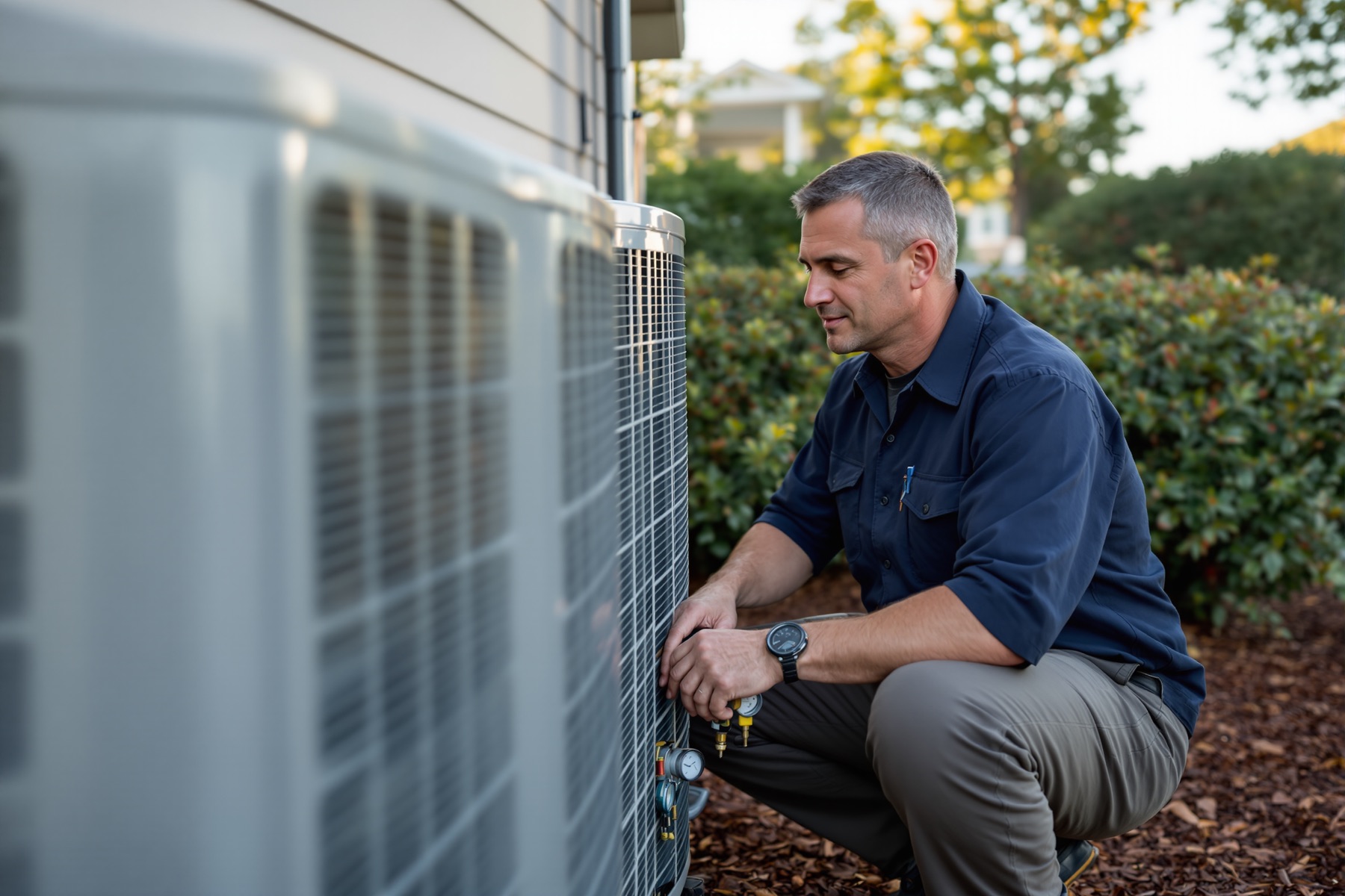 A Kettlebrook technician kneels beside an outdoor condenser, reading a gauge.