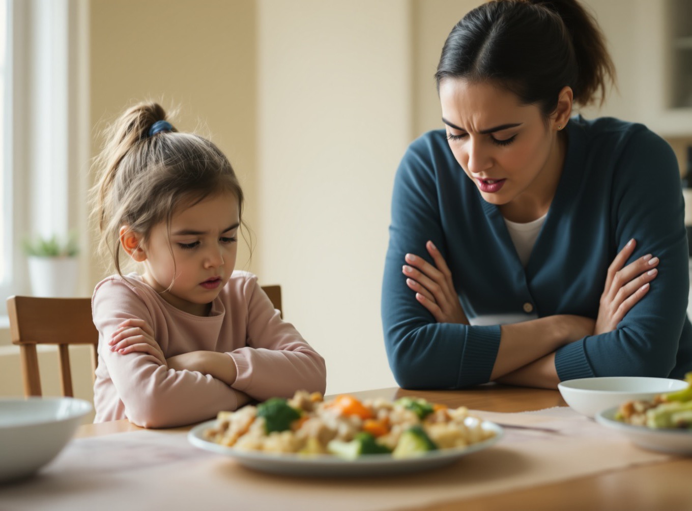 A girl sits with her arms crossed in front of a full dinner plate while her frustrated mother leans in across the table.