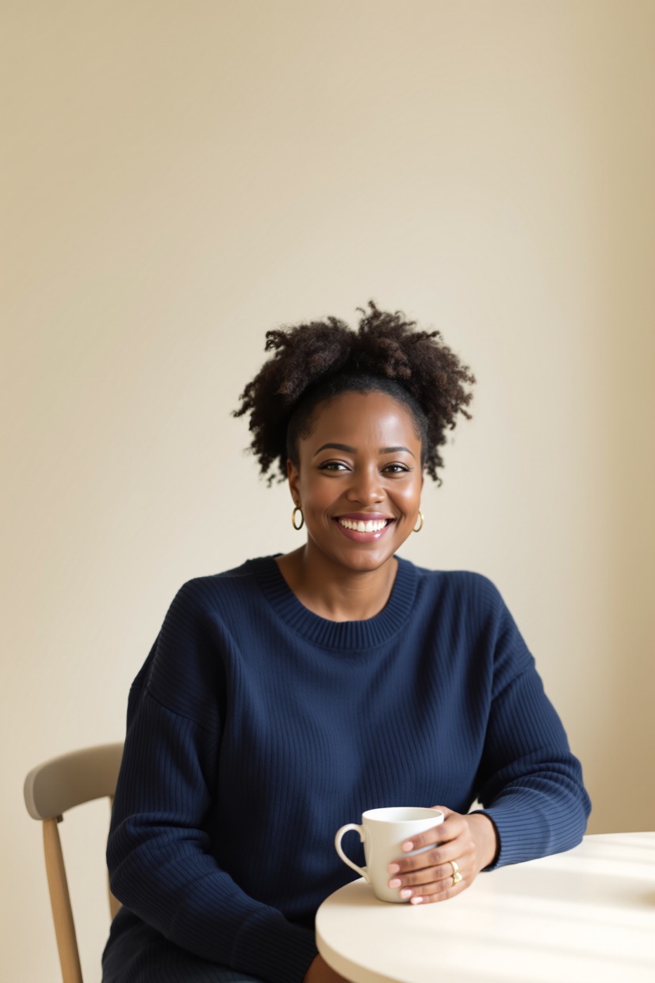 Maya Okafor smiling at her kitchen table with a mug of tea.