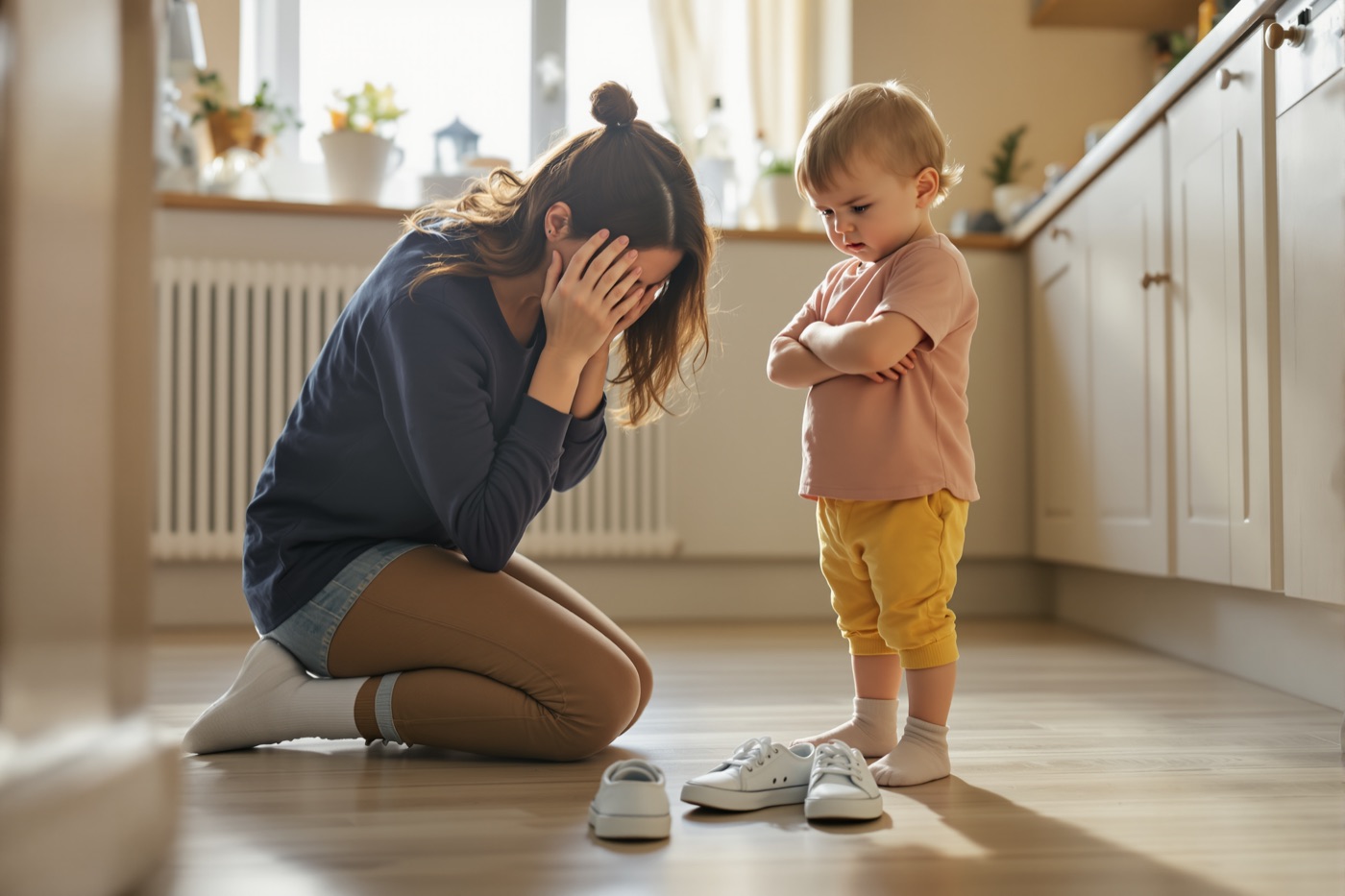A worn-out mother kneels on the kitchen floor with her face in her hands while her toddler stands over his shoes, arms crossed.