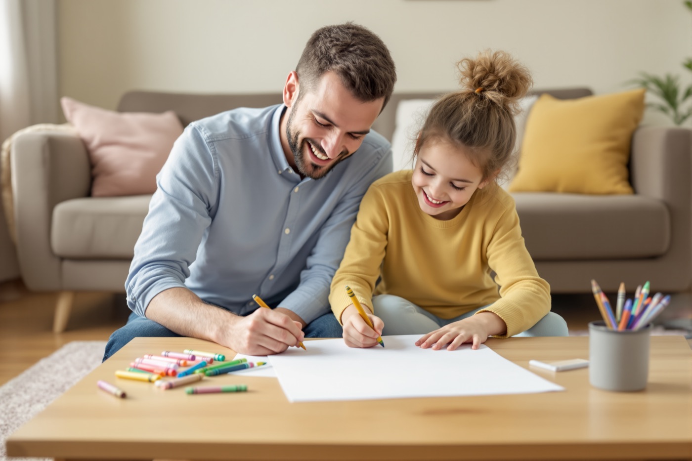 A father and his daughter laughing while they draw together at the coffee table.
