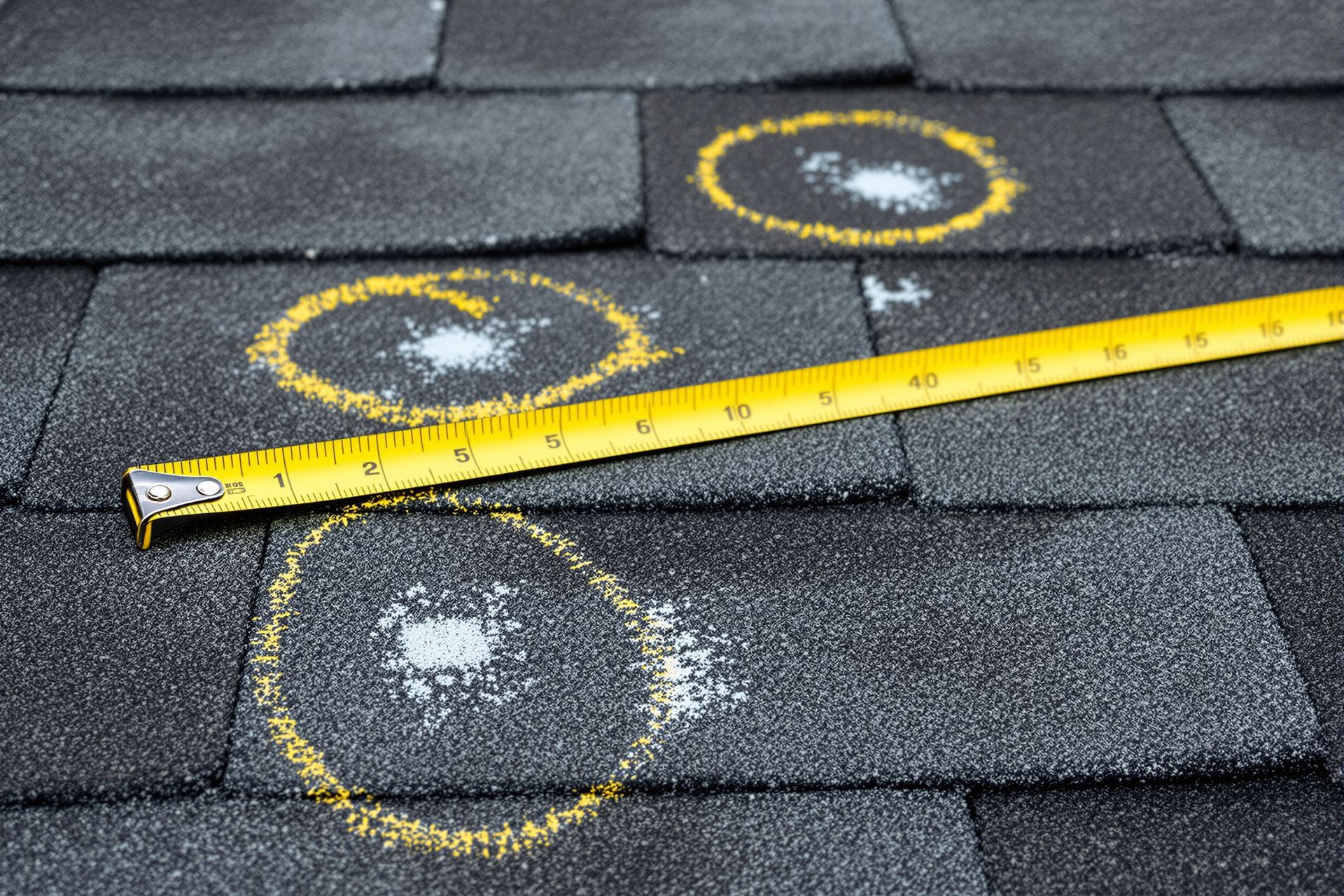 Hail hits on dark shingles circled in yellow chalk, with a tape measure laid across them