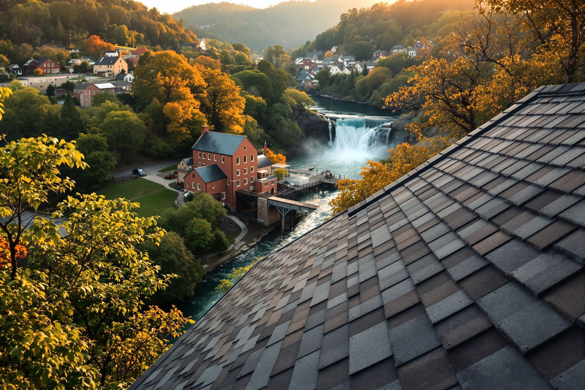 View from a roof ridge over Halden Falls, the old brick mill and the falls