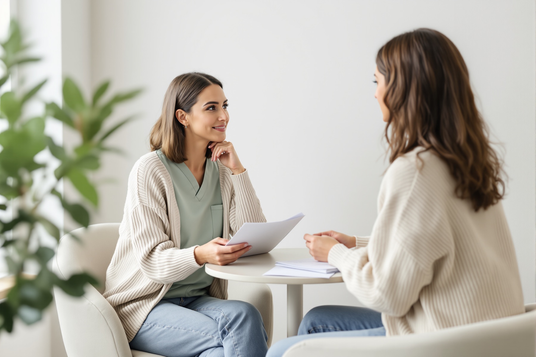 A Wrenhaven practitioner talks through a plan with a client at a small round table.