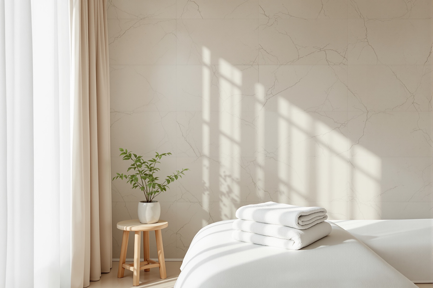 A quiet Wrenhaven treatment room with a made up bed, a stool and soft window light.